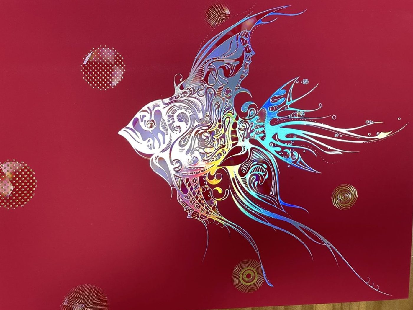 Holographic fish cold-foil sample